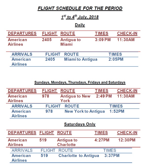 AA Flight Schedule July 1st September 30th, 2018